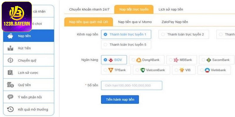 Các bước nạp tiền vào tài khoản 123B qua chuyển khoản ngân hàng